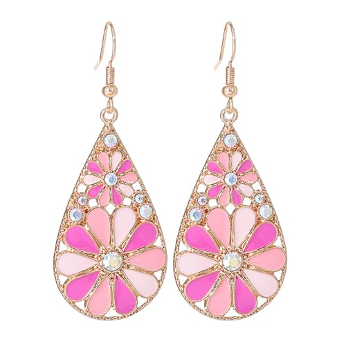 coadipress Bohemian Flower Teardrop Earrings for Women Trendy Vintage Colorful Hollow Out Flower Floral Dangle Earrings Bohemian Handmade Ethnic Statement Jewelry - color: Gold Pink