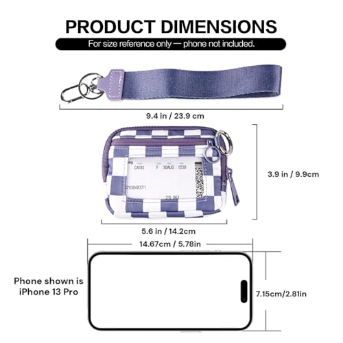 Wristlet Wallet for Women Mini Zip Card Case with Clear ID Window Zipper Coin Purse Lightweight Portable Keychain Wallet - color: Dark Purple