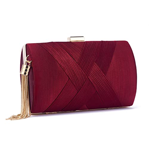 Women Clutch Bag Evening bag Fringed Evening Handbag,Lady Party Wedding Clutch Purse Chain Shoulder Cross Body Bag - color: Wine Red