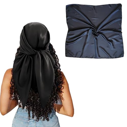 Hexchasty 35”Head Scarf Satin Silk Like Hair Scarf Large Square Head Scarves Bandana Head Wraps Headscarfs for Women Green - color: D-solid Black
