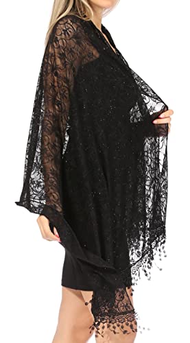 Sakkas Mari Women's Large Lightweight Soft Lace Scarf Wrap Shawl Floral and Fringe - color: Style4-black
