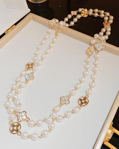 Long Pearl Necklace for Women, 8mm Simulated Pearl Strand Necklace, Layered Multi Strand Gold Beaded Necklace, 58" No Clasp Wrap Necklace Vintage Costume Jewelry Gift - style: 00-Long pearl necklace-Gold