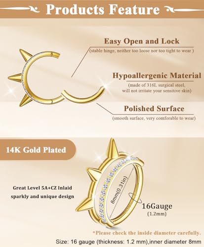 Small Cartilage Double/Triple-Hoop Helix Conch Piercing Earrings With Cubic Zirconia For Women Trendy 14K Gold Plated Titanium Surgical Stainless Steel Sets Nose Rings Hoops Septum Rings - color: 14K Gold, style: D-4Pairs-16Gauge-Double CZ hoop