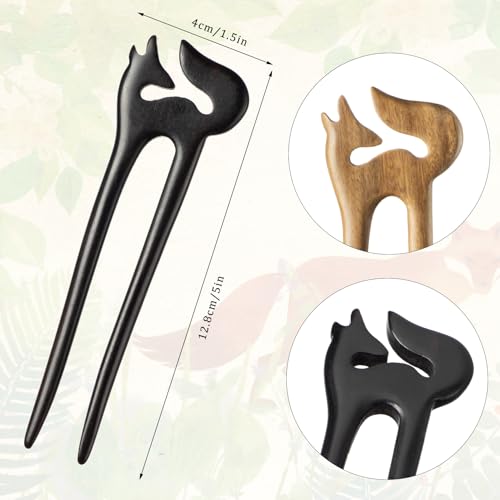 2pcs U Shaped Hair Pins Fox Hair Stick Vintage Hairpin Wooden Hair Fork French Hair Pins for Buns Fox Hairpin Hair Accessories for Women Girls