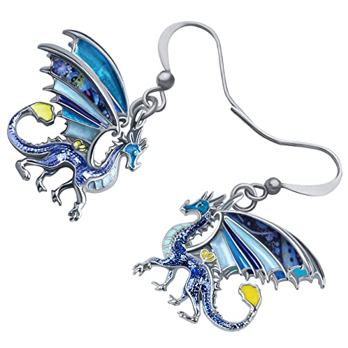 Enamel Alloy Dinosaur Fantasy Dragon Earrings Drop Dangle Unique Animal Jewelry For Women Dragons Gifts - color: Azure