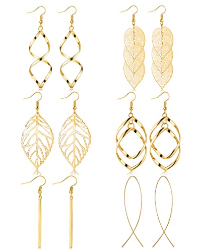 FUNEIA 6 Pairs Drop Dangle Earrings for Women Long Bar Double Twist Wave Curved Threader Cut Out Leaf Lightweight Earrings Set - color: B:Gold