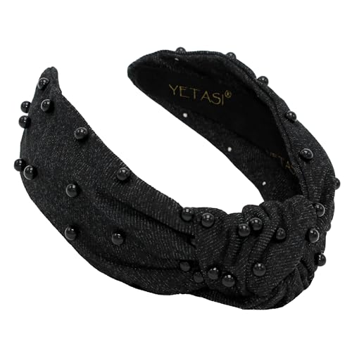 Black Headbands for Women are Unique. Pearl Denim Knotted Headband for Women is a Comfy Top Knot Head bands For Women's Hair. Get Complements with Cute Jean Girls Band - color: Black Denim Pearl