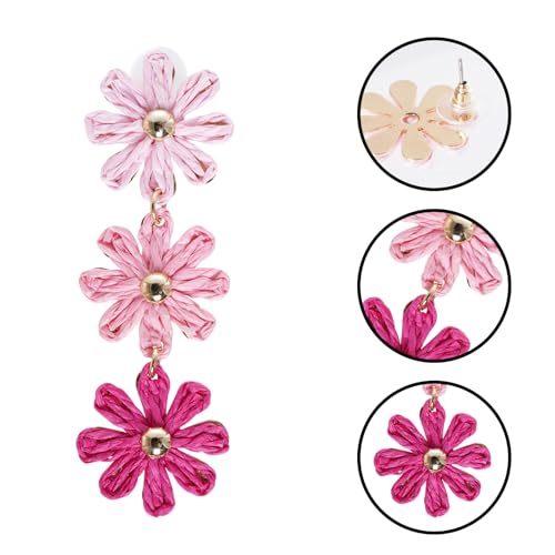 Raffia Flower Earrings Boho Handmade Straw Wrapped Drop Dangle Earrings for Women Summer Beach Jewelry - color: pink