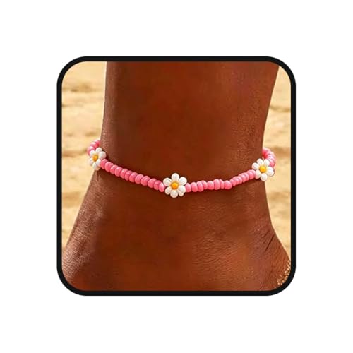 Tgirls Boho Ankle Bracelets for Women Beaded Anklets Chain Beachy Flower Foot Accessories - color: Pink