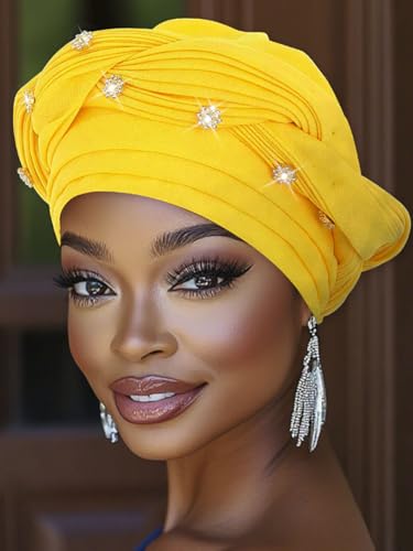 Woeoe Women African Turban Pre-Tied Twisted Beanie Cap Headwear Rhinestone Soft Stretchy Head Turbans - color: Yellow