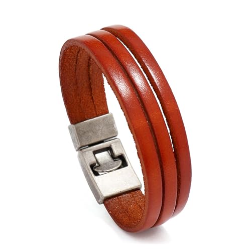 Long tiantian Leather Wrap Bracelet for Men Vintage Brown Leather Cuff Bracelet Adjustable Minimalist Western Style Wristband Casual Fashion Jewelry Gift for Him - color: red