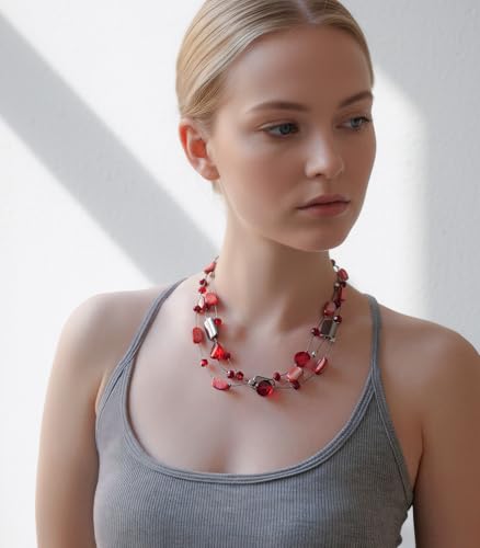 FULU AUTUMN Beaded Statement Necklaces for Women Shell Bead Chunky Collar Necklace Summer Layer boho Costume Jewelry for Her - color: Red