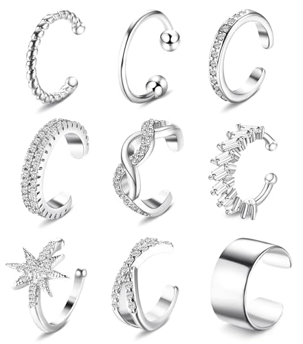 Dochais 9Pcs Ear Cuff 14K Gold Plated Cuff Earrings Gold Ear Cuffs Non Pierced Ear Clips Cartilage Earring Fake Earrings - style: A-9pcs-Silver