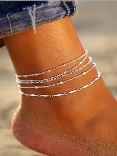 Silver/Gold Anklets for Women, Sterling Silver Evil Eye Ankle Bracelets for Women Trendy Dainty Waterproof Anklets Set Adjustable Layered Anklet Bracelets for Women Silver Jewelry Gift - style: 5Pairs Anklets-Silver