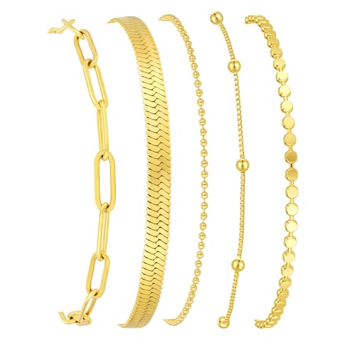 Gold Bracelets for Women, 14K Gold Plated Stackable Bracelet Stack Set Adjustable Charm Paperclip Chain Snake Link Layered Waterproof Jewelry Sets Gifts - style: Bracelets Set /6