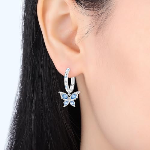 925 Sterling Silver Dangle Earrings for Women, Butterfly&Bee Animals Design, Hypoallergenic Jewelry gifts - color: Blue stone inlaid butterfly earrings