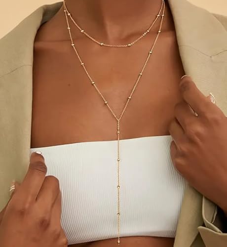 iF YOU Lariat Gold Long Necklaces for Women Trendy, Dainty 14K Gold Plated Drop Chain Necklace, Layered Rosary Beaded Y Necklaces Summer Beach Jewelry Gifts - color: Long beaded necklace-GLD