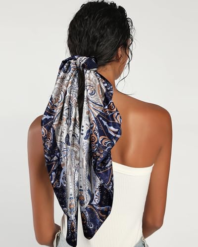 AWAYTR 35” Satin Head Scarf for Women Like Silk Scarf for Hair Scarf Satin Hair Bandana Women Headscarf Hair Wrap Scarf Neck - color: Navy Blue