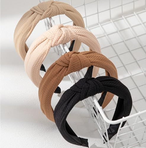 WOVOWOVO Knotted Headbands for Women, 4 Packs Wide Head Bands for Women's Hair Non Slip Boho Fashion Hairbands Top Knot Black Khaki Brown Hair Hoops Accessories - color: Neutral Color