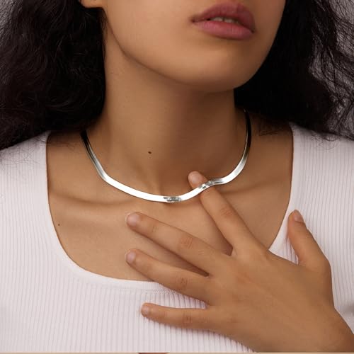 WomenGifts 14K Gold Silver Plated Herringbone Necklace for Women, Dainty Snake Chain Choker, Trendy Simple Long Layered Jewelry Non Tarnish, 3/4/5/8mm,14,16,18,20,22,24,26 Inch Thin & Chunky Options - color: Silver, style: 5mm-14inch