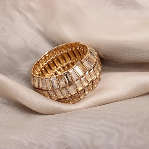 Women’s Wedding Bridal Crystal Leaf Flower Stretch Bangle Elastic Wide Bracelet Jewelry for Brides Bridesmaid - color: Style1-Champagne-Gold Plated
