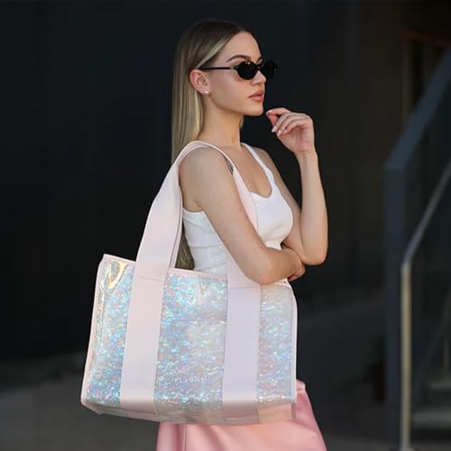 FLAUNT Everyday Tote Bag with Phone Pouch for Women - Lightweight, Airline Approved, Easy To Carry, Foldable & Washable - color: Pink Opal Shell