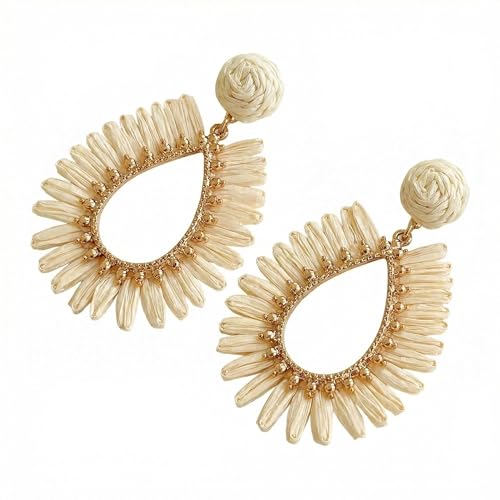 Woven Raffia Rattan Earrings for Women, Boho Flower Hoop & Drop Dangle Earrings Collection, Handmade Summer Beach Vacation Statement Earrings for Party Daily Wear - color: Raffia Fan Teardrop