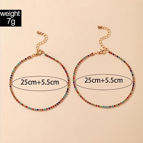 Boho Layered Rhinestone Ankle Bracelet Set Colorful Crystal Tennis Chain Anklet Summer Beach Rainbow CZ Anklet Sparkly Cubic Zirconia Foot Chain Jewelry for Women