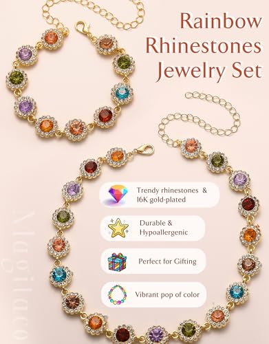 Magitaco Colorful Rhinestone Jewelry Set, Multi Color Crystal Bracelet for Women, Stackable Gemstone Choker Necklace for Beach Prom