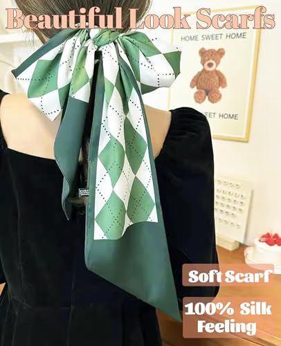 kcctoo 59" Mulberry Silk Like Head Scarf Women's Fashion Square Neck Satin Scarfs for Bag Hair Scarves Gift 59 * 5.9” - color: I01 Green Squares 59" X 5.9"