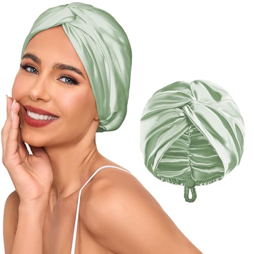 Adjustable Silk Satin Hair Bonnet for Sleeping Women, Double Layer, Silk Hair Wrap for Sleeping Women Men, Curly Natural Braid Straight Unisex - Green - color: Green