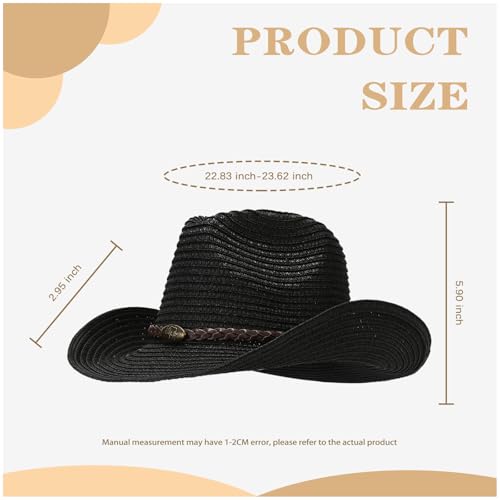 Straw Cowboy Hats Western Cowgirl Hat for Holiday Woven Beach Sun Hat with Shapeable Wide Brim Cowboy Hat for Women/Men - color: Black