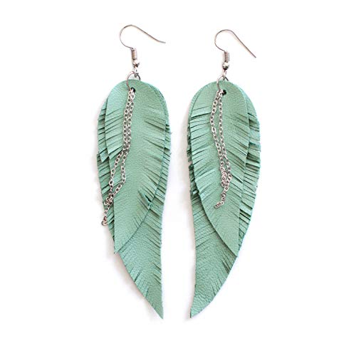 Black shiny Leather Feather Earrings for Women, Lightweight Minimal Boho Dangle Earrings, Small Simple Everyday Jewelry - color: light green