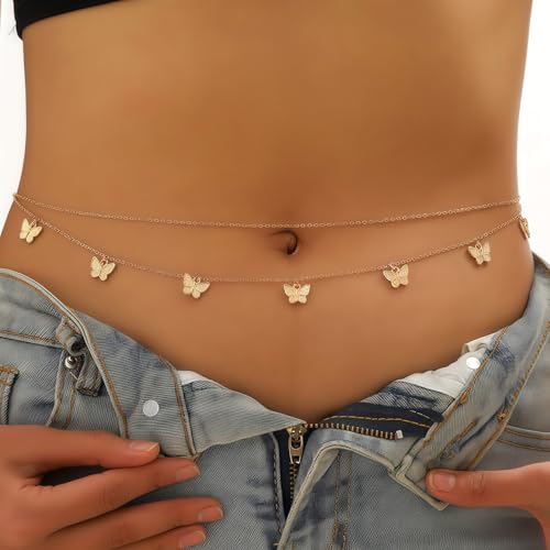 14K Gold Plated Waist Chain for Women, 2Pcs Adjustable Pearl Beads Body Chain, Sexy Layered Summer Beach Bikini Belly Jewelry Accessories - style: Chain&Butterfly