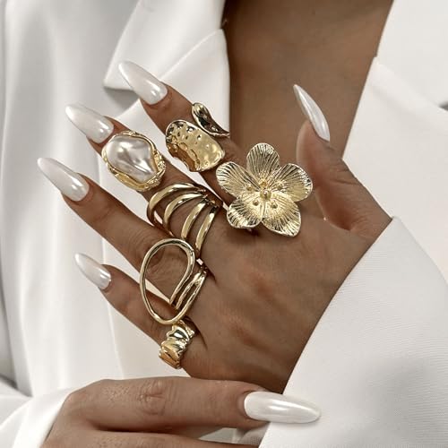 Gold Rings for Women Non Tarnish Stackable Rhinestone Moon Star Rings Dainty Stacking Pearl Butterfly Midi Pinky Thumb Joint Finger Knuckle Ring Set Gold Non Tarnish Jewelry Gifts Trendy Stuff - color: R Chunky Gold Rings 6Pcs