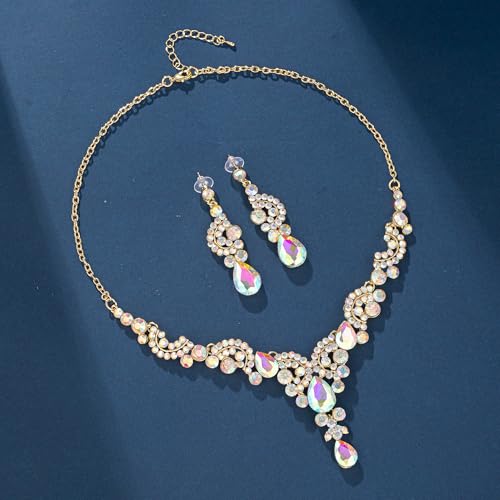 Paxuan Crystal Bridal Wedding Jewelry Sets for Women Rhinestone Teardrop Crystal Statement Choker Necklace Drop Earrings Link Bracelets Rings Teardrop Jewelry Set for Brides Bridesmaids - color: Necklace+Earrings+Bracelet+Ring（AB）