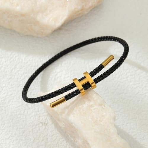 AIMADE Bracelets for Women Adjustable Charm Bracelet, 18k Gold-plated Buckle Design Titanium Steel Wire Rope Women's Gift Jewelry - color: Black