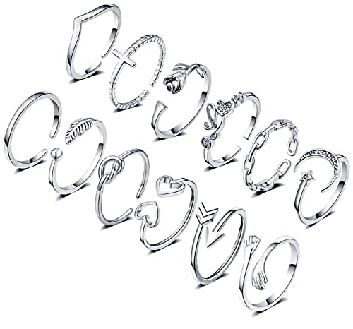 KOHOTA 12PCS Adjustable Knuckle Rings for Women 14K Gold Plated Silver Simple Stacking Rings Pack Open Knot Star Moon Butterfly Dainty Thumb Ring Set for Women - color: 1-Silver color
