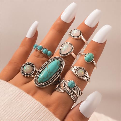 Bohemian Turquoise Ring Set for Women,Vintage Gem Turquoise Opal Joint Knuckle Stackable Rings Chunky Boho Midi Ring Pack Punk Western Ring Mixed Size - style: Style C
