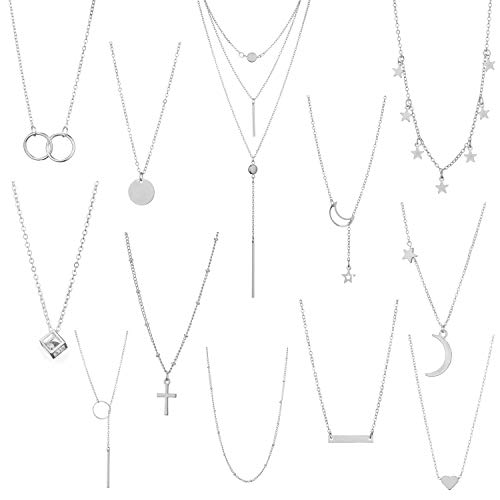 Starain 12Pcs Layered Choker Necklace Fashion Multilayer Chain Necklace Simple Gold Necklace Set for Women - color: 12Pcs Silver Necklace Set