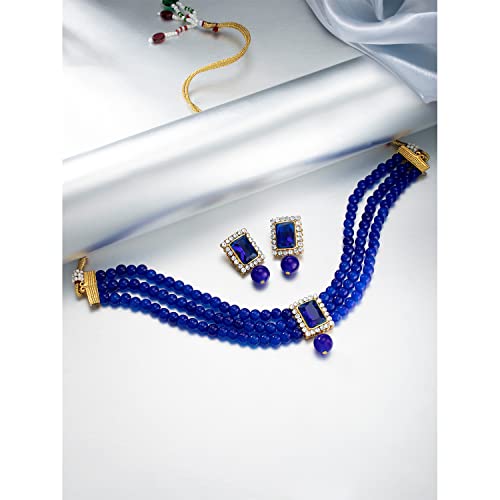 Aheli Ethnic Choker Necklace Earrings Wedding Bollywood Party Jewelry Set Gift for Women - color: Blue 2