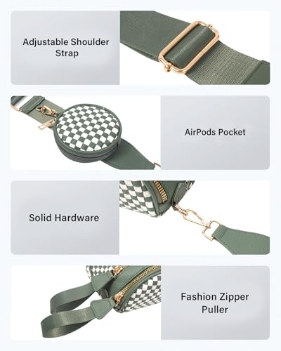 Valentoria Large Woven Leather Crossbody Bags for Women Checkered Bum Bag Sling Bag Purse Adjustable Strap Detachable Wallet | Woven - color: Green&white Checkered
