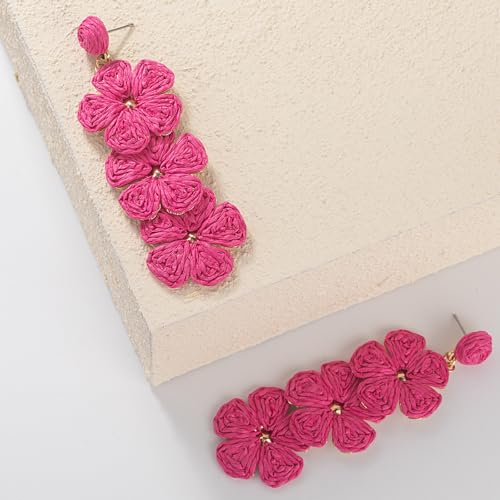 Boho Flower Earrings Statement Raffia Dangle Earrings Cute Floral Jewelry Trendy Summer Beach Vacation Outfits for Women - color: Rose-2