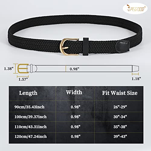 JASGOOD 2 Pack Braided Belts for Women, 1'' Narrow Width Elastic Woven Stretch Fabric Cloth Belts with Gold Buckle - color: A-black+khaki, size: Fit Size 33"-36"