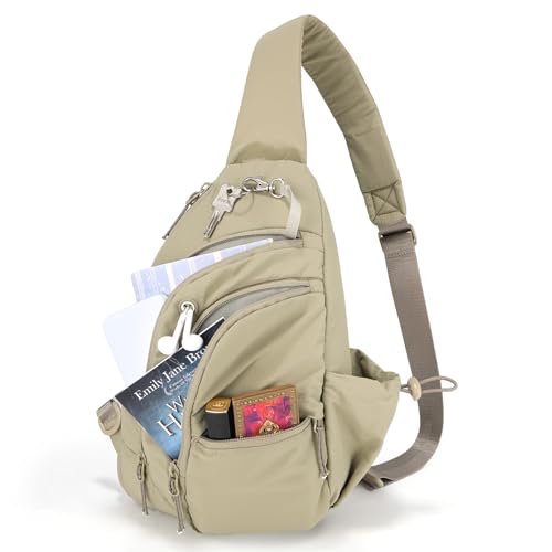 Sling Bag for Women, Anti-Theft RFID Nylon Crossbody Purse with Adjustable Strap for Travel & Shopping - color: Khaki