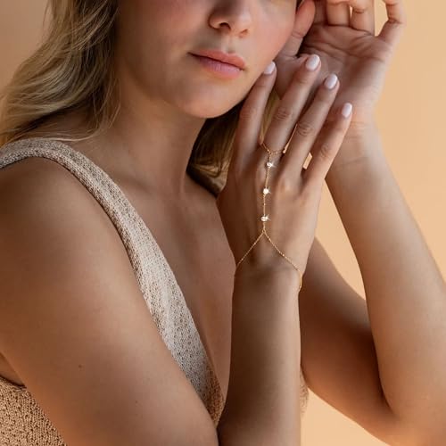 Poxtex Waterproof 14K Gold Plated Hand Chain Bracelet for Women, Non Tarnish Hypoallergenic Beaded Finger Ring Bracelet with Cubic Zirconia, Dainty Minimalist Boho Indian Style Stackable Wrist Body Jewelry for Summer Festival Vacation - color: Gold-Style