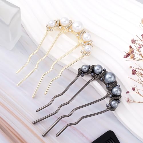 2 Pcs Pearl Hair Pins U Shaped, Elegant Vintage French Pearl Hair Comb, French Twist Hair Pin for Brides, Bridesmaid, Party, Daily, Holiday (Gold, Gun Black - Rhinestone) - color: Gold, Gun Black (Rhinestone)