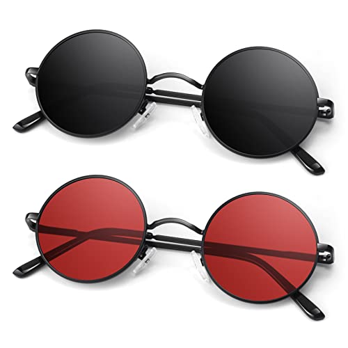 Round Polarized Sunglasses Men Women,Retro Metal Hippie Shades with 100% UV Protection - color: B4- Black Frame Black Lens + Black Frame Red Lens