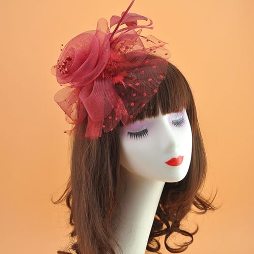 Fascinators Hat Pearl Earrings Necklace Bracelets Gloves 1920s Headband Hair Clips Women Flower Mesh Feather Headpiece Headwear Halloween Carnival Cocktail Wedding Tea Party Accessories Burgundy - color: Burgundy