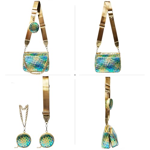Handmade Woven Small Crossbody Bag for Women with Coin Purse, Designer Shoulder Handbag 3pcs Set, Mini Tote Clutch - color: Green Multicolor